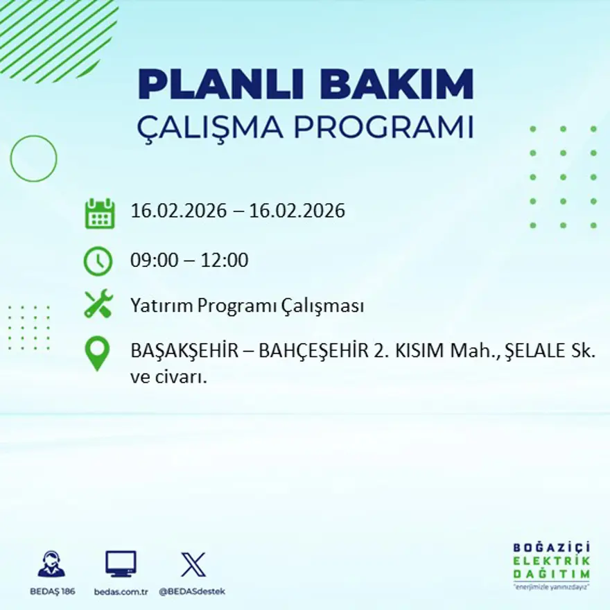 İstanbul'un 18 ilçesi yarın karanlıkta kalacak: Birçok ilçede 8 saat elektrik kesintisi yaşanacak (16 Şubat BEDAŞ kesinti programı) 52