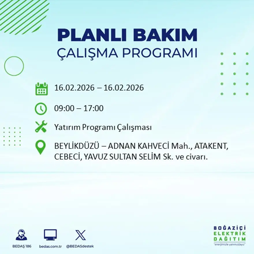 İstanbul'un 18 ilçesi yarın karanlıkta kalacak: Birçok ilçede 8 saat elektrik kesintisi yaşanacak (16 Şubat BEDAŞ kesinti programı) 43