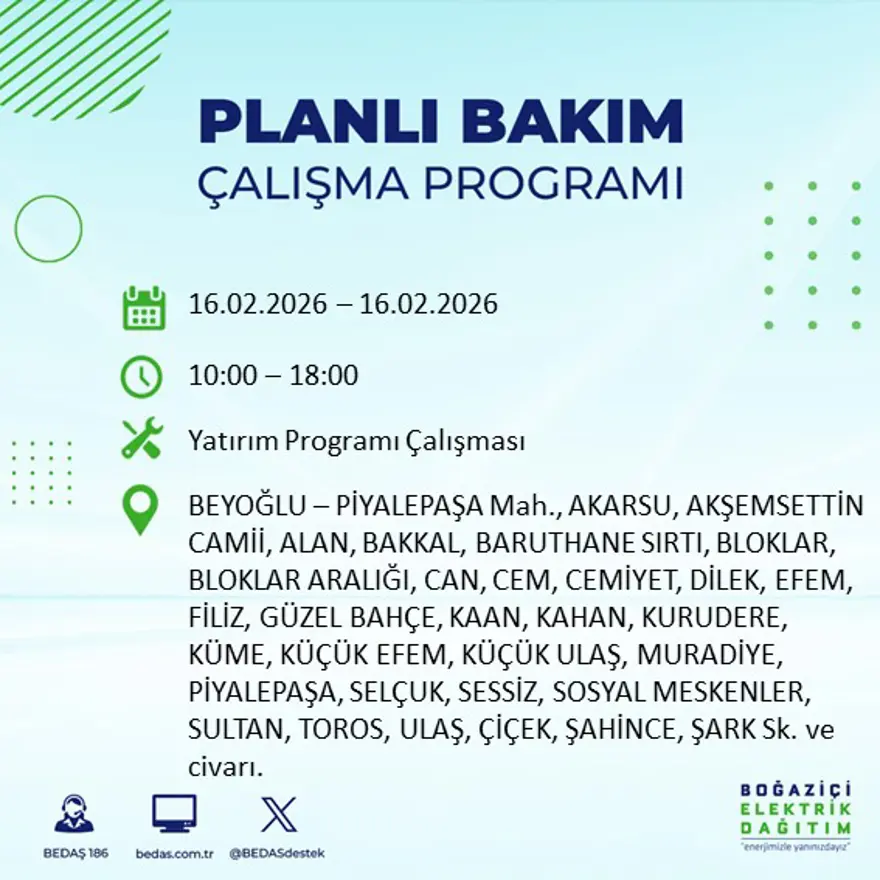İstanbul'un 18 ilçesi yarın karanlıkta kalacak: Birçok ilçede 8 saat elektrik kesintisi yaşanacak (16 Şubat BEDAŞ kesinti programı) 4