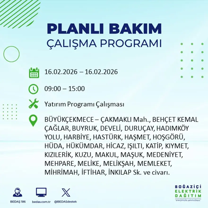 İstanbul'un 18 ilçesi yarın karanlıkta kalacak: Birçok ilçede 8 saat elektrik kesintisi yaşanacak (16 Şubat BEDAŞ kesinti programı) 10