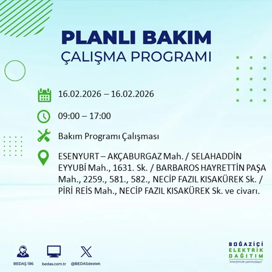İstanbul'un 18 ilçesi yarın karanlıkta kalacak: Birçok ilçede 8 saat elektrik kesintisi yaşanacak (16 Şubat BEDAŞ kesinti programı) 29
