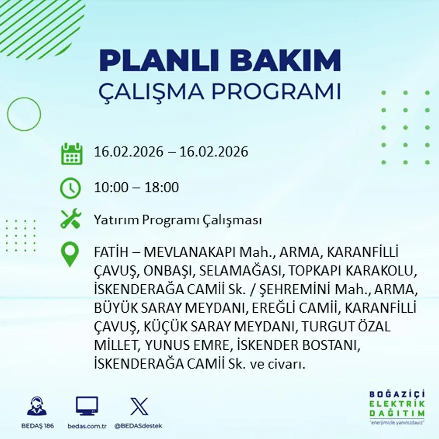 İstanbul'un 18 ilçesi yarın karanlıkta kalacak: Birçok ilçede 8 saat elektrik kesintisi yaşanacak (16 Şubat BEDAŞ kesinti programı) 9