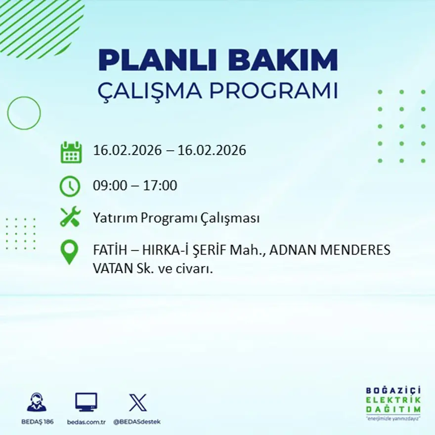 İstanbul'un 18 ilçesi yarın karanlıkta kalacak: Birçok ilçede 8 saat elektrik kesintisi yaşanacak (16 Şubat BEDAŞ kesinti programı) 50
