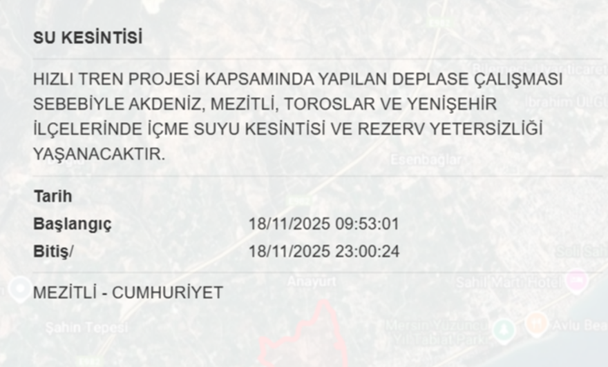 Mersin'in birçok ilçesinde su kesintisi yaşanacak (18 Kasım MESKİ su kesintisi programı) 7