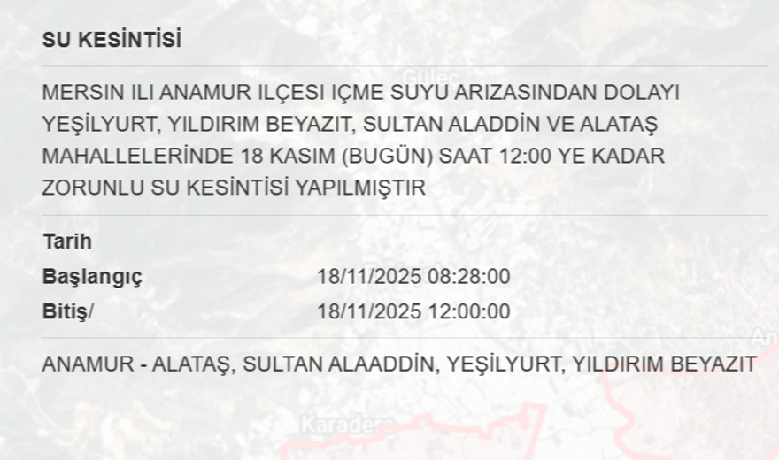 Mersin'in birçok ilçesinde su kesintisi yaşanacak (18 Kasım MESKİ su kesintisi programı) 8
