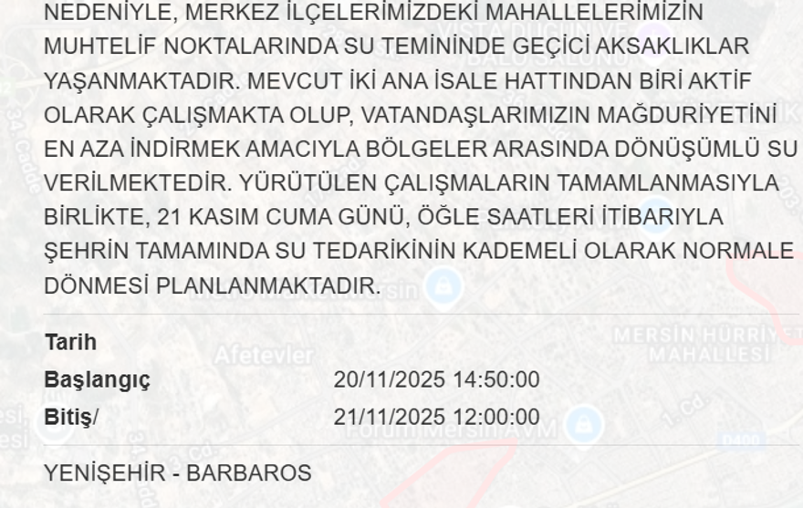 Bugün başlayacak, 21 saat sürecek: Mersin'in birçok ilçesinde su kesintisi yaşanacak (20-21 Kasım MESKİ su kesintisi programı) 2
