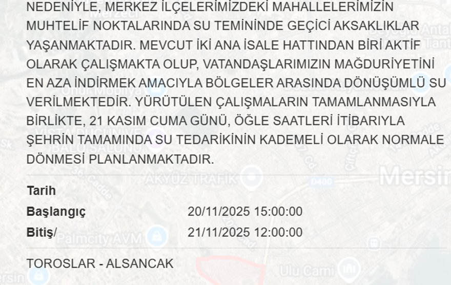 Bugün başlayacak, 21 saat sürecek: Mersin'in birçok ilçesinde su kesintisi yaşanacak (20-21 Kasım MESKİ su kesintisi programı) 3
