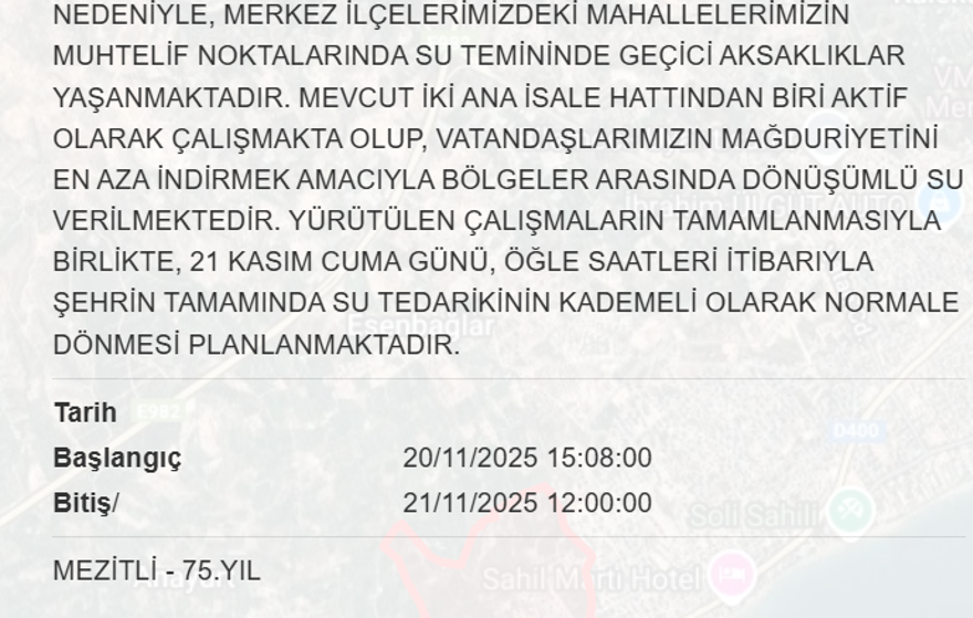 Bugün başlayacak, 21 saat sürecek: Mersin'in birçok ilçesinde su kesintisi yaşanacak (20-21 Kasım MESKİ su kesintisi programı) 4