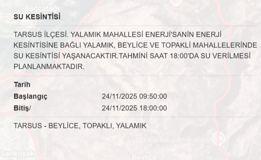 Mersin'in birçok ilçesinde su kesintisi yaşanacak: 10 saat su kesintisi (24 Kasım MESKİ su kesintisi programı) 3