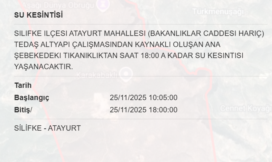 Mersin'in birçok ilçesinde su kesintisi yaşanacak: 8 saat sürecek (25 Kasım MESKİ su kesintisi programı) 4