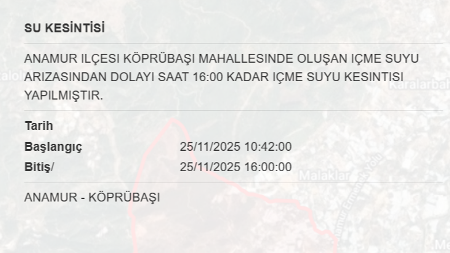 Mersin'in birçok ilçesinde su kesintisi yaşanacak: 8 saat sürecek (25 Kasım MESKİ su kesintisi programı) 6