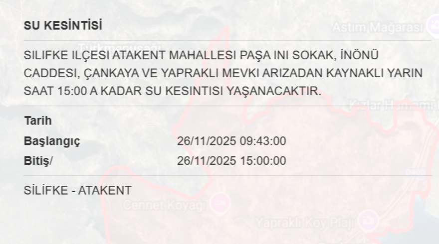Mersin'in birçok ilçesinde su kesintisi yaşanacak: 6 saat sürecek (26 Kasım MESKİ su kesintisi programı) 3