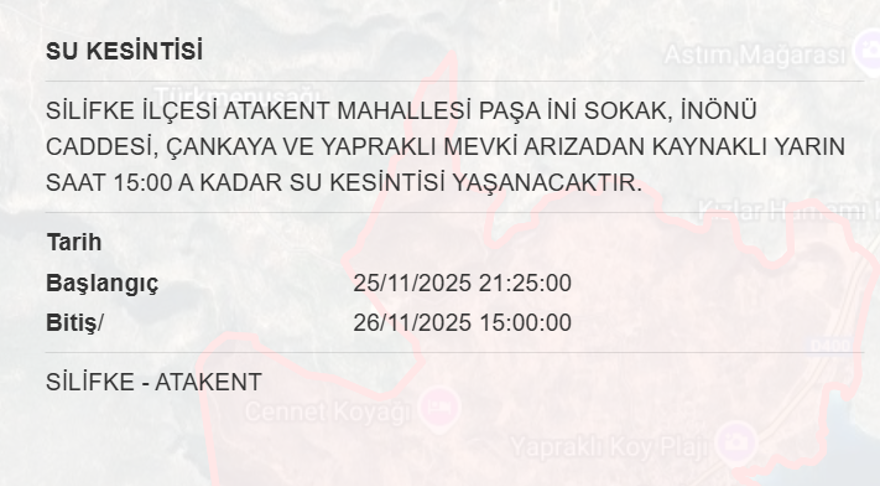Mersin'in birçok ilçesinde su kesintisi yaşanacak: 6 saat sürecek (26 Kasım MESKİ su kesintisi programı) 2