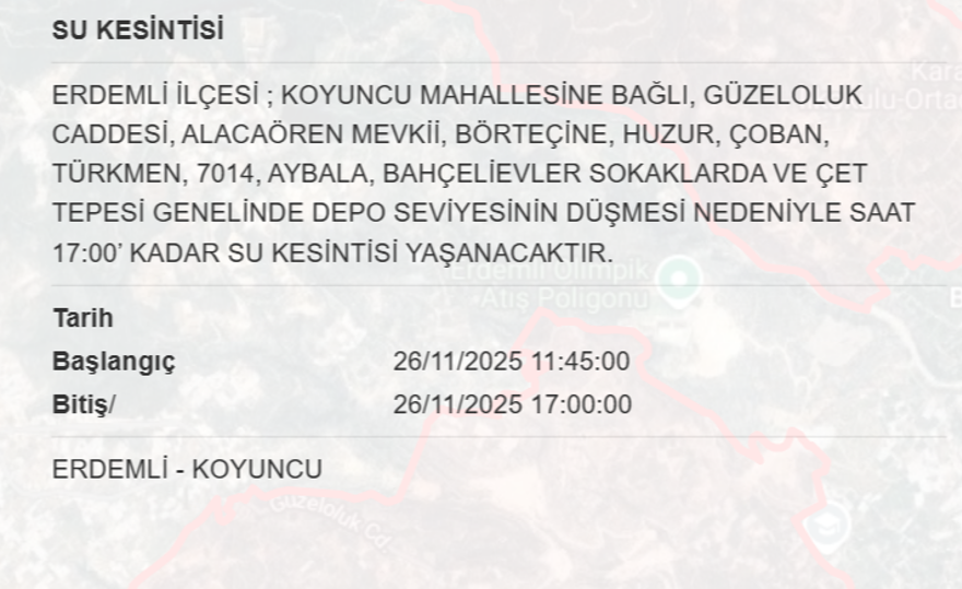 Mersin'in birçok ilçesinde su kesintisi yaşanacak: 6 saat sürecek (26 Kasım MESKİ su kesintisi programı) 6