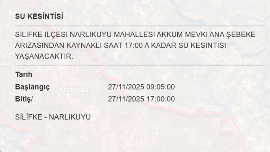 Gece saatlerine kadar sürecek: Mersin'in bazı ilçelerinde 16 saat su kesintisi yaşanacak (27 Kasım MESKİ su kesintisi programı) 9 Gece saatlerine kadar sürecek: Mersin'in bazı ilçelerinde 16 saat su kesintisi yaşanacak (27 Kasım MESKİ su kesintisi programı) 9