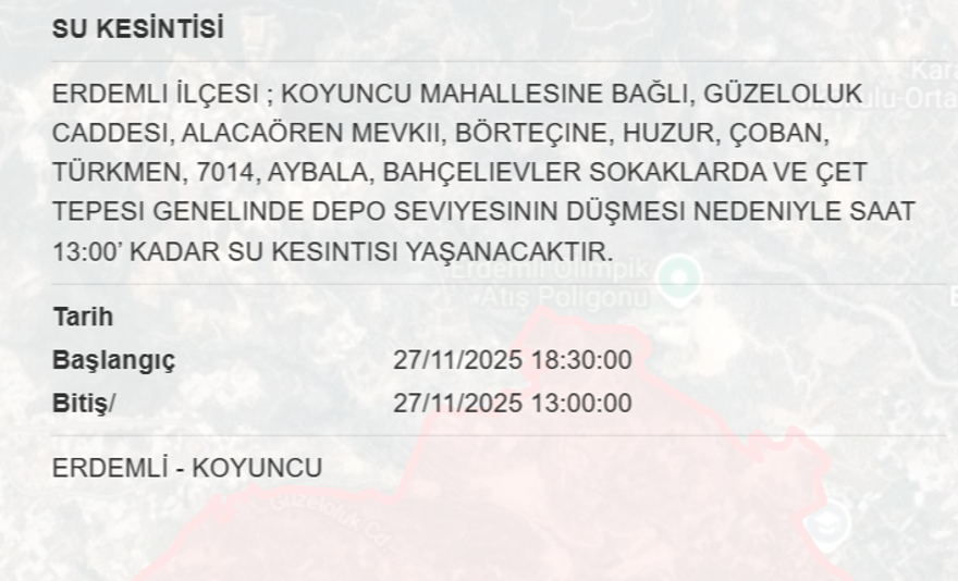 Gece saatlerine kadar sürecek: Mersin'in bazı ilçelerinde 16 saat su kesintisi yaşanacak (27 Kasım MESKİ su kesintisi programı) 1 Gece saatlerine kadar sürecek: Mersin'in bazı ilçelerinde 16 saat su kesintisi yaşanacak (27 Kasım MESKİ su kesintisi programı) 1