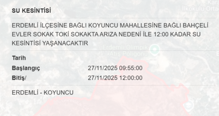 Gece saatlerine kadar sürecek: Mersin'in bazı ilçelerinde 16 saat su kesintisi yaşanacak (27 Kasım MESKİ su kesintisi programı) 12 Gece saatlerine kadar sürecek: Mersin'in bazı ilçelerinde 16 saat su kesintisi yaşanacak (27 Kasım MESKİ su kesintisi programı) 12