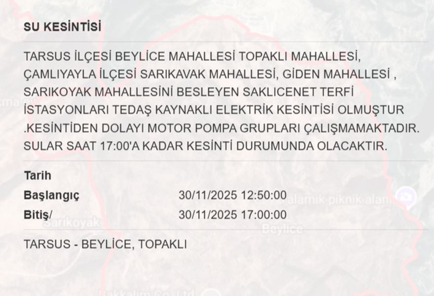 Mersin'in 4 ilçesinde su kesintisi yaşanacak: 11 saat sürecek (30 KASIM MESKİ kesintisi programı) 2