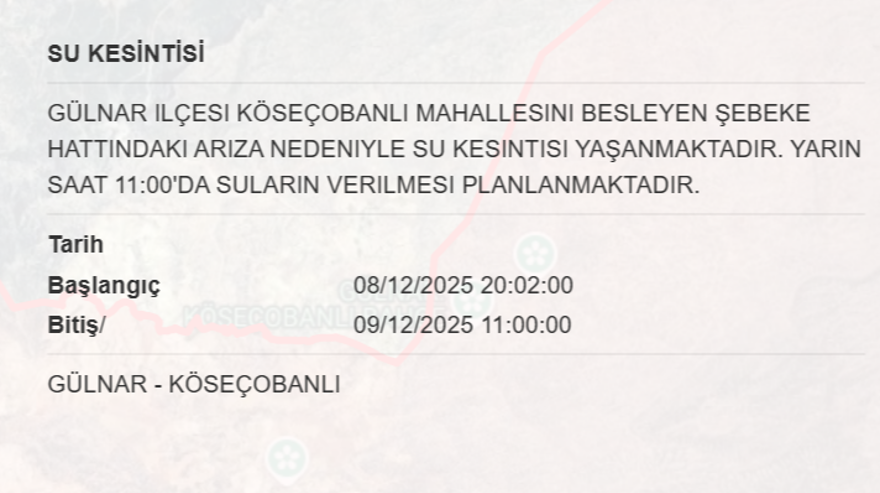 Mersin'in 6 ilçesinde su kesintisi yaşanacak, 8 saat sürecek (9 Aralık MESKİ su kesintisi programı) 7