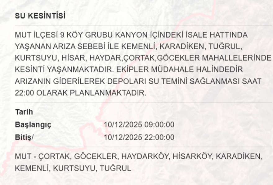 Mersin'de 13 saat su kesintisi yaşanacak, o ilçede oturanlar dikkat (10 Aralık MESKİ su kesintisi) 5 Mersin'de 13 saat su kesintisi yaşanacak, o ilçede oturanlar dikkat (10 Aralık MESKİ su kesintisi) 5