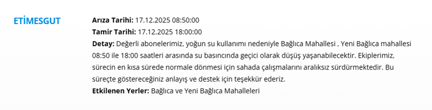 Ankara'da 9 saat su kesintisi yaşanacak. 17 Aralık 2025 ASKİ su kesintisi programı 5