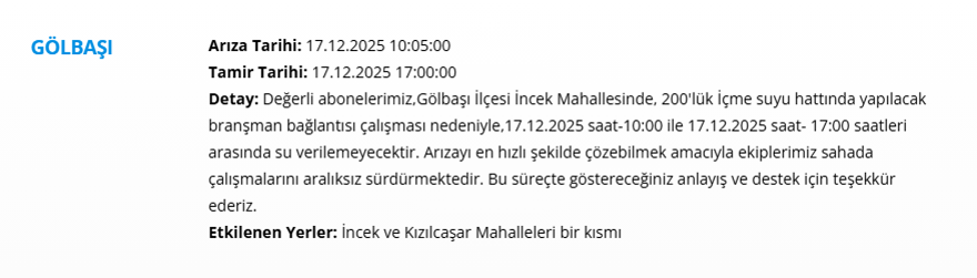 Ankara'da 9 saat su kesintisi yaşanacak. 17 Aralık 2025 ASKİ su kesintisi programı 3