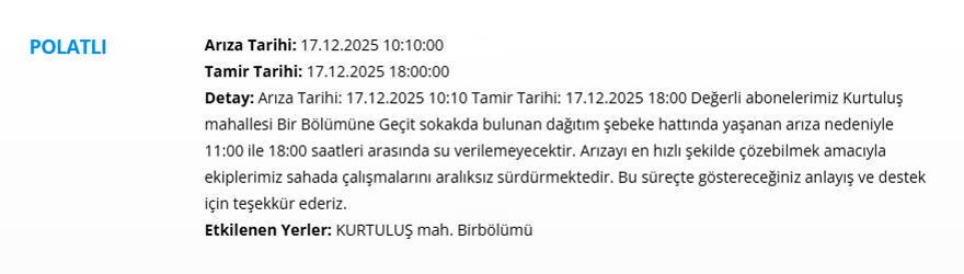 Ankara'da 9 saat su kesintisi yaşanacak. 17 Aralık 2025 ASKİ su kesintisi programı 4