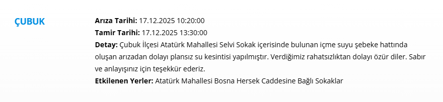 Ankara'da 9 saat su kesintisi yaşanacak. 17 Aralık 2025 ASKİ su kesintisi programı 6