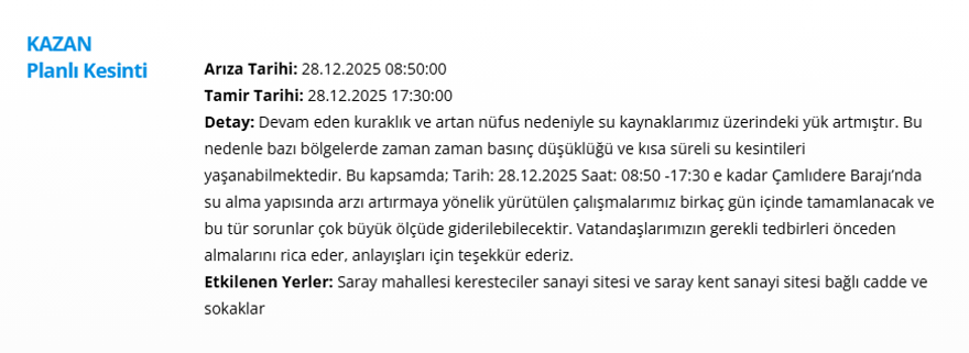 Ankara'nın 11 ilçesinde su kesintisi: Yarın sabaha kadar sürecek (28 Aralık 2025 ASKİ su kesintisi programı) 3