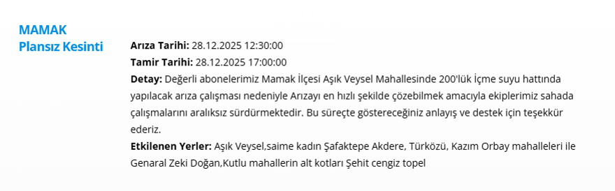 Ankara'nın 11 ilçesinde su kesintisi: Yarın sabaha kadar sürecek (28 Aralık 2025 ASKİ su kesintisi programı) 6