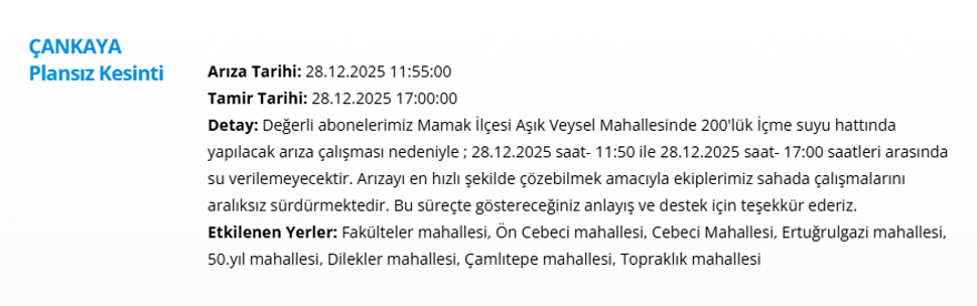 Ankara'nın 11 ilçesinde su kesintisi: Yarın sabaha kadar sürecek (28 Aralık 2025 ASKİ su kesintisi programı) 4