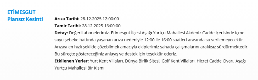 Ankara'nın 11 ilçesinde su kesintisi: Yarın sabaha kadar sürecek (28 Aralık 2025 ASKİ su kesintisi programı) 5