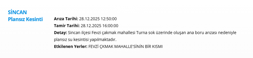 Ankara'nın 11 ilçesinde su kesintisi: Yarın sabaha kadar sürecek (28 Aralık 2025 ASKİ su kesintisi programı) 11