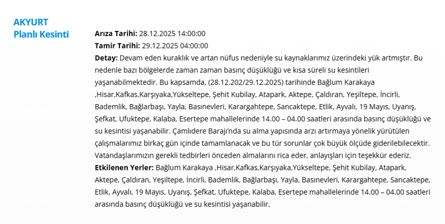 Ankara'nın 11 ilçesinde su kesintisi: Yarın sabaha kadar sürecek (28 Aralık 2025 ASKİ su kesintisi programı) 7