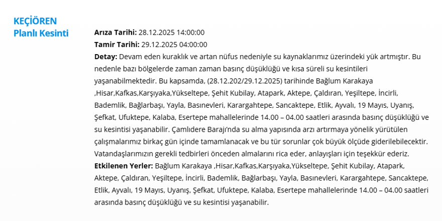 Ankara'nın 11 ilçesinde su kesintisi: Yarın sabaha kadar sürecek (28 Aralık 2025 ASKİ su kesintisi programı) 1