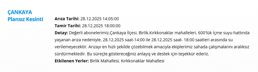 Ankara'nın 11 ilçesinde su kesintisi: Yarın sabaha kadar sürecek (28 Aralık 2025 ASKİ su kesintisi programı) 9