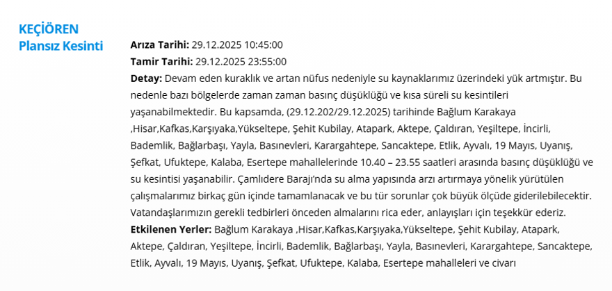 Ankara'nın 8 ilçesinde su kesintisi: 17 saat su kesintisi yaşanacak (29 Aralık 2025 ASKİ su kesintisi programı) 1