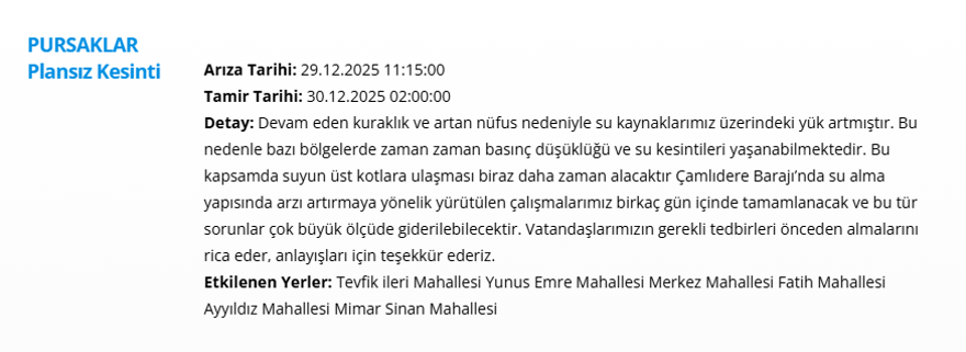 Ankara'nın 8 ilçesinde su kesintisi: 17 saat su kesintisi yaşanacak (29 Aralık 2025 ASKİ su kesintisi programı) 4