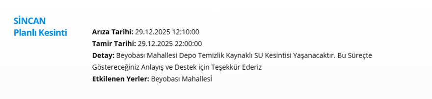 Ankara'nın 8 ilçesinde su kesintisi: 17 saat su kesintisi yaşanacak (29 Aralık 2025 ASKİ su kesintisi programı) 8