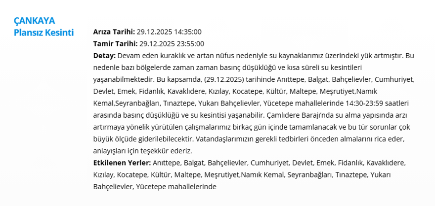 Ankara'nın 8 ilçesinde su kesintisi: 17 saat su kesintisi yaşanacak (29 Aralık 2025 ASKİ su kesintisi programı) 2