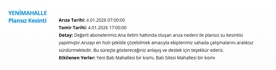 Ankara'nın birçok ilçesinde su kesintisi: 13 saat su kesintisi yaşanacak (4 Ocak 2026 ASKİ su kesintisi programı) 5