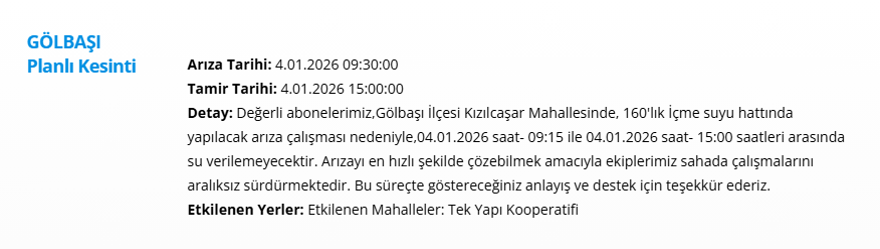 Ankara'nın birçok ilçesinde su kesintisi: 13 saat su kesintisi yaşanacak (4 Ocak 2026 ASKİ su kesintisi programı) 3