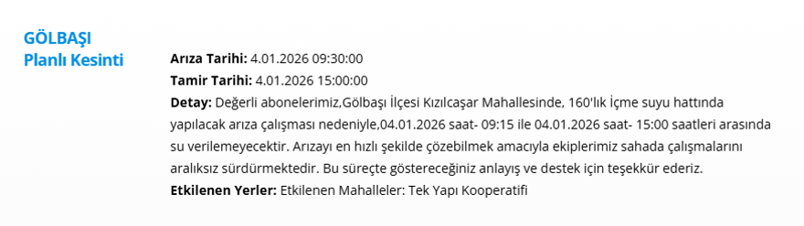 Ankara'nın birçok ilçesinde su kesintisi: 13 saat su kesintisi yaşanacak (4 Ocak 2026 ASKİ su kesintisi programı) 4