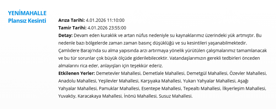 Ankara'nın birçok ilçesinde su kesintisi: 13 saat su kesintisi yaşanacak (4 Ocak 2026 ASKİ su kesintisi programı) 2