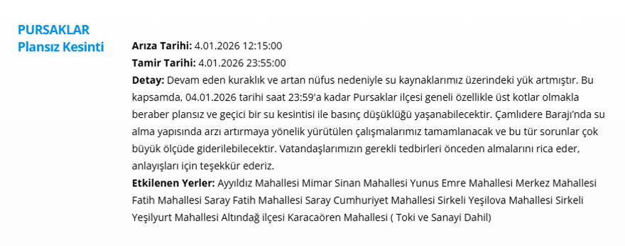 Ankara'nın birçok ilçesinde su kesintisi: 13 saat su kesintisi yaşanacak (4 Ocak 2026 ASKİ su kesintisi programı) 1