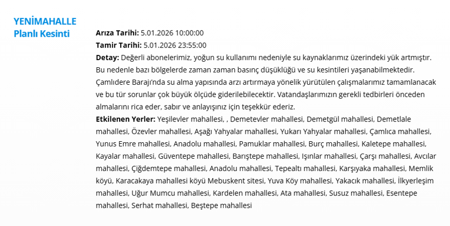 Ankara'nın 11 ilçesinde su kesintisi: Gece saatlerine kadar su kesintisi yaşanacak (5 Ocak 2025 ASKİ su kesintisi programı) 1
