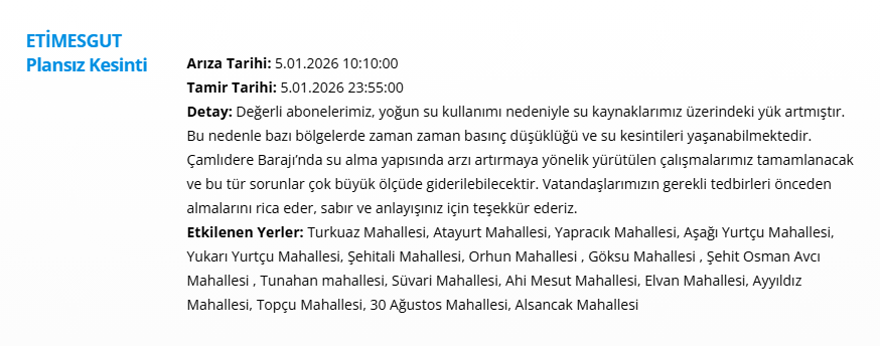Ankara'nın 11 ilçesinde su kesintisi: Gece saatlerine kadar su kesintisi yaşanacak (5 Ocak 2025 ASKİ su kesintisi programı) 2