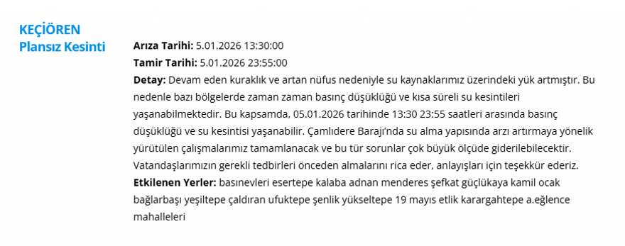 Ankara'nın 11 ilçesinde su kesintisi: Gece saatlerine kadar su kesintisi yaşanacak (5 Ocak 2025 ASKİ su kesintisi programı) 3