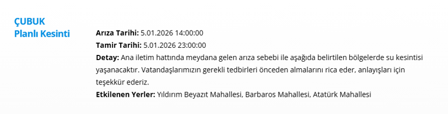 Ankara'nın 11 ilçesinde su kesintisi: Gece saatlerine kadar su kesintisi yaşanacak (5 Ocak 2025 ASKİ su kesintisi programı) 11
