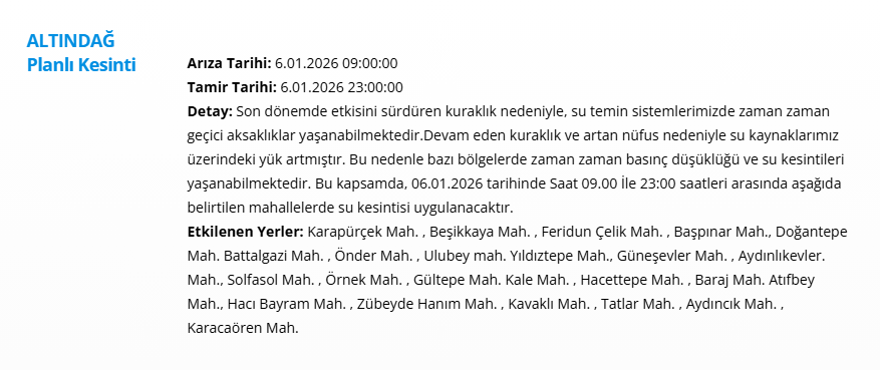 Ankara'nın 10 ilçesinde gece saatlerine kadar su kesintisi yaşanacak: Birçok ilçede 14 saat sürecek (6 Ocak 2025 ASKİ su kesintisi) 5